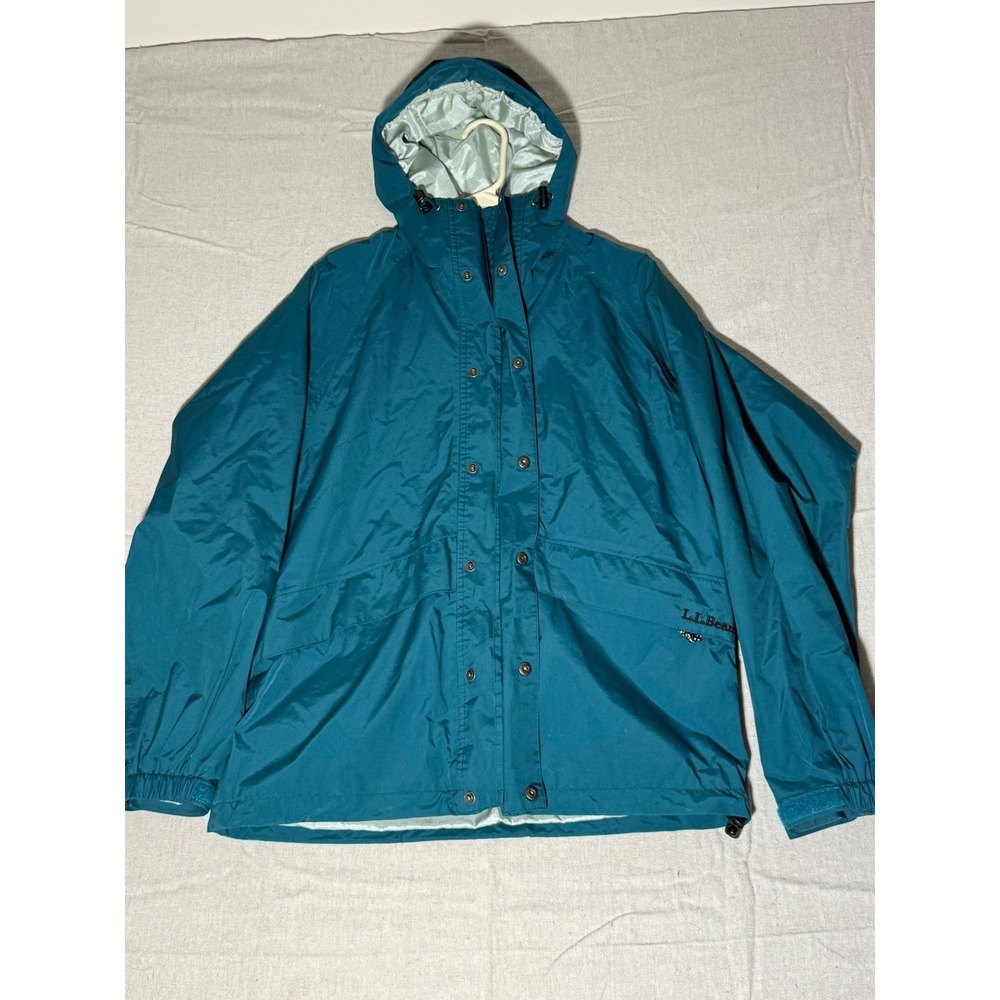LL Bean Outdoors Mens Small Rain Jacket Teal Blue Hooded Nylon Shell 02448
